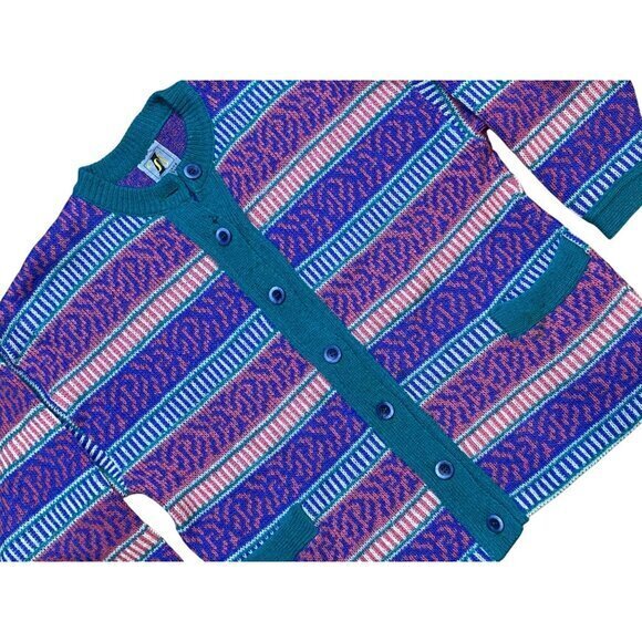 Vintage 80s/90s Pure Wool Cardigan Sweater With Stripe & Tribal Pattern Button-U - Picture 3 of 10